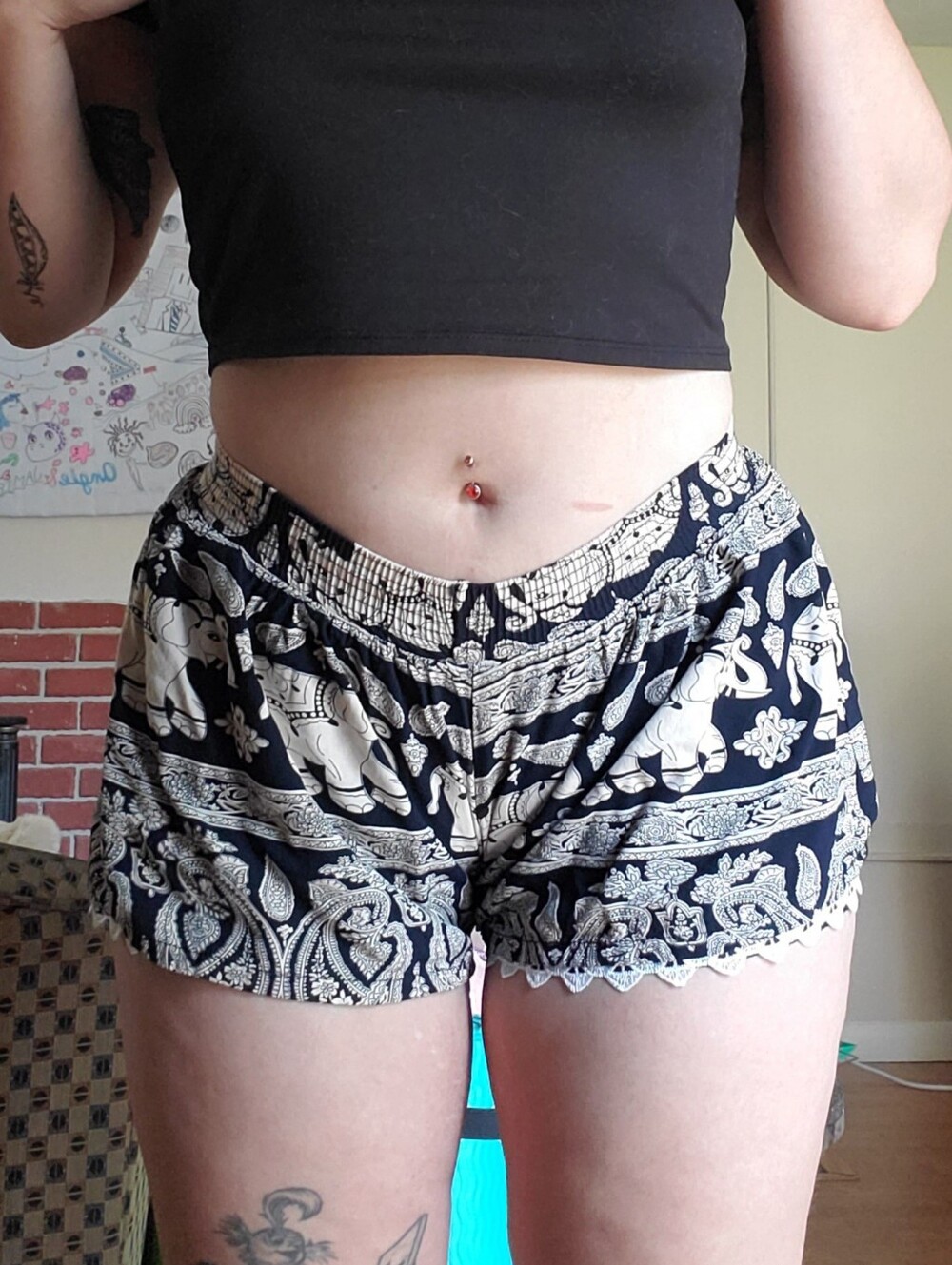 Elephant Print Lace Trim Shorts, Black & White, Size M